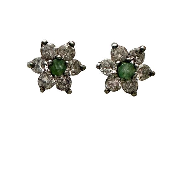 Emerald and Cubic Zirconia Sterling Silver Stud Earrings - Picture 1 of 5